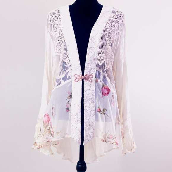 Womenโs Silk Boho Lace Kimono Romantic Rose Tunic Spencer Alexis Vintage Elegant - Picture 3 of 16